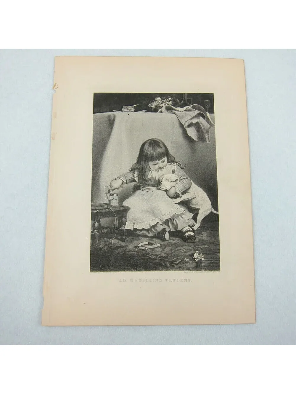 Antique 1800s Victorian Engraving Print Little Girl & Dog Unwilling Participant